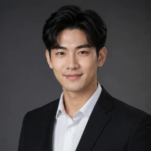 Professional headshot of a young man in a black suit and white shirt against a dark gray backdrop.